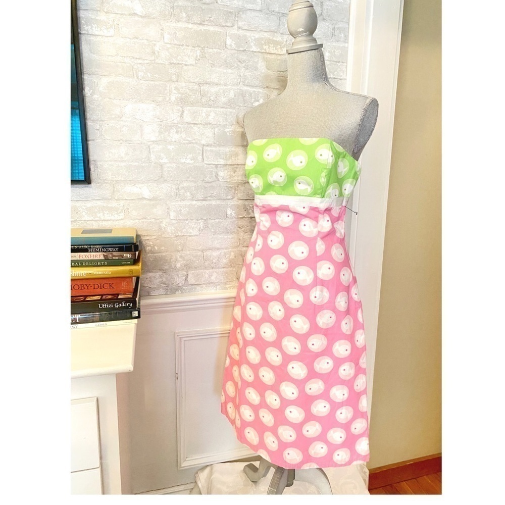 Strapless Pink and Green Polka Dot Dress